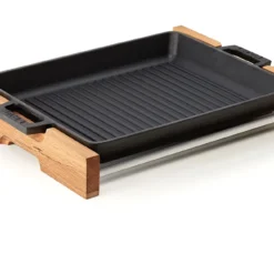 Grill-/Servierpfanne 32x26cm Mit Holzgestell Gusseisen Emailliert LAVA