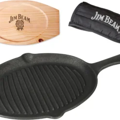 Jim Beam BBQ Servierpfanne Gusseisen - Grillpfanne Steakpfanne Emaille Mit Holzuntersetzer Servierbrett 4er Set