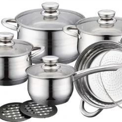 12-teiliges Edelstahl Kochgeschirr Kochtopfset Topfset Töpfe Pfannen Glasdeckel