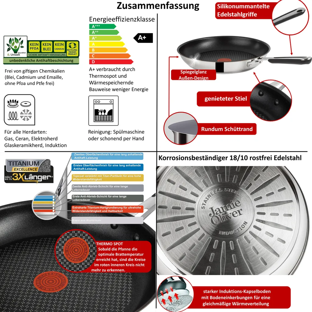 Tefal E76 Jamie Oliver Pfannenset Induktion 6 TLG Set 12,- Hohe Wokpfanne Mit Deckel 28cm, Pfanne 28 Cm + 24cm, Edelstahl 18/10 Rostfrei, Spülmaschinenfest, Antihaft-beschichtet 6 Tefal E76 Jamie Oliver Pfannenset Induktion 6 TLG Set 12,- Hohe Wokpfanne Mit Deckel 28cm, Pfanne 28 Cm + 24cm, Edelstahl 18/10 Rostfrei, Spülmaschinenfest, Antihaft-beschichtet – Bild 4