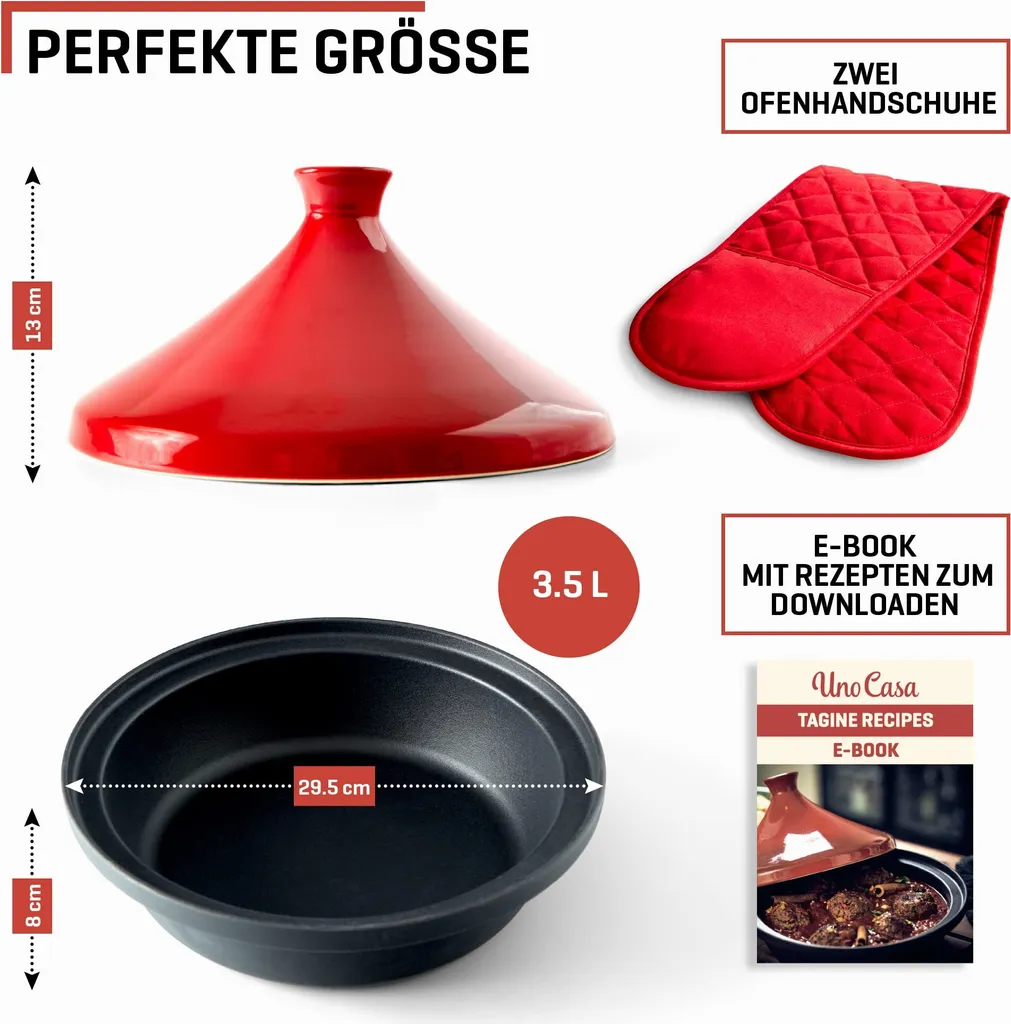 Uno Casa Tajine Topf - Marokkanische Tagine 3,5L Mit Emailliertem Gusseisen Boden Und Kegelförmigem - Gut 4 Uno Casa Tajine Topf - Marokkanische Tagine 3,5L Mit Emailliertem Gusseisen Boden Und Kegelförmigem - Gut – Bild 2